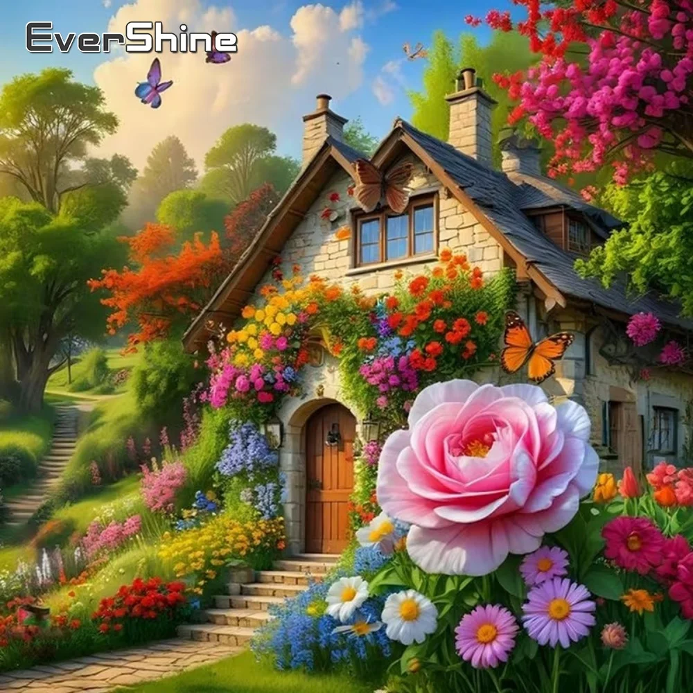EverShine Diamant-Mosaik Haus-Landschaftsbild Strass DIY-Malerei Neuerscheinung Blumen-Stickerei Garten-Handarbeit