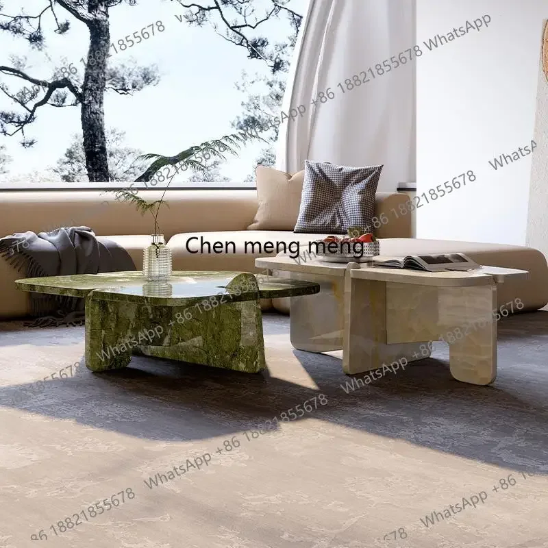 D132 Designer Natural Marble Coffee Table Set, Italian Minimalist High-Low Nesting Tables for Small Living Room, Customizable