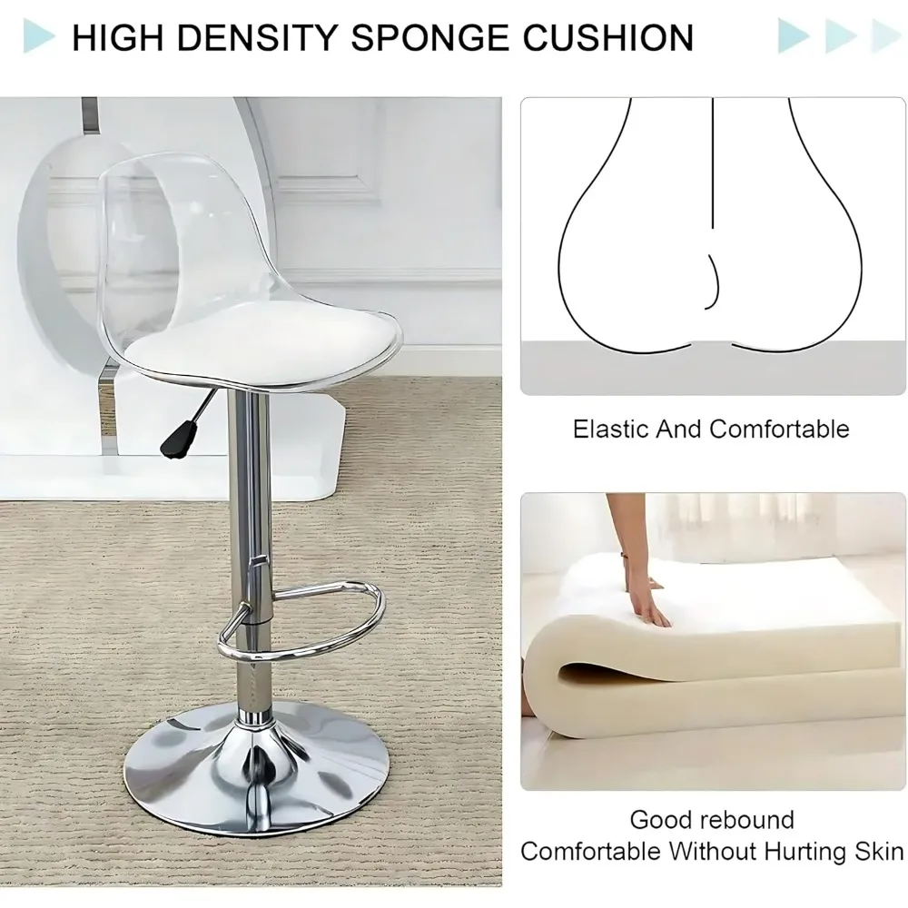 Taburetes de bar Juego de 4, taburetes de bar giratorios ajustables de cuero Pu taburete de bar de altura de mostrador de cocina taburete de bar transparente con ergonomía respaldo