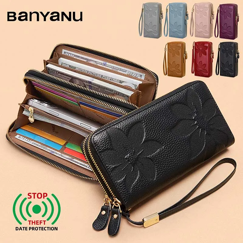 women-vintage-genuine-top-layer-cowhide-long-wallet-large-capacity-litchi-grain-double-zipper-clutch-purse