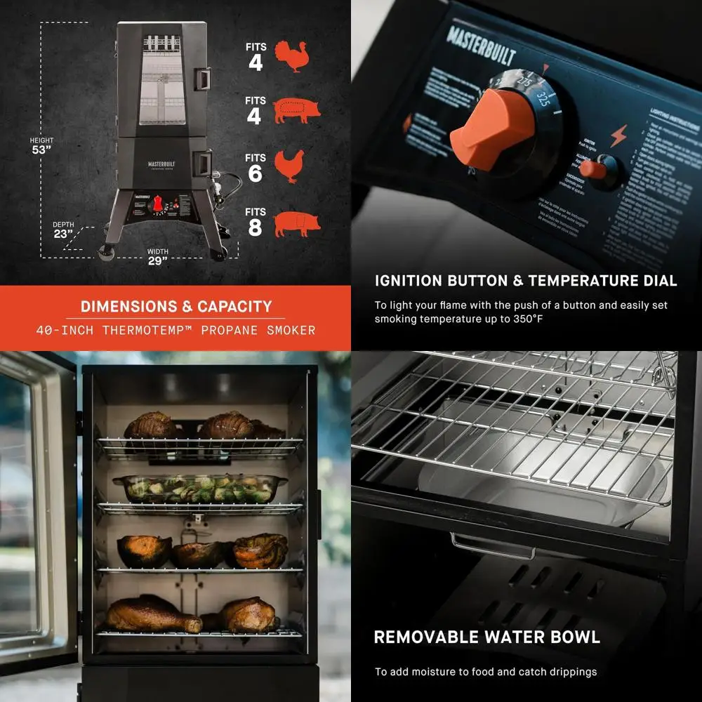 

Черная пропановая курильница для барбекю ThermoTemp 40 с аналоговым контролем температуры, площадью 960 кв. В. Приготовление пищи