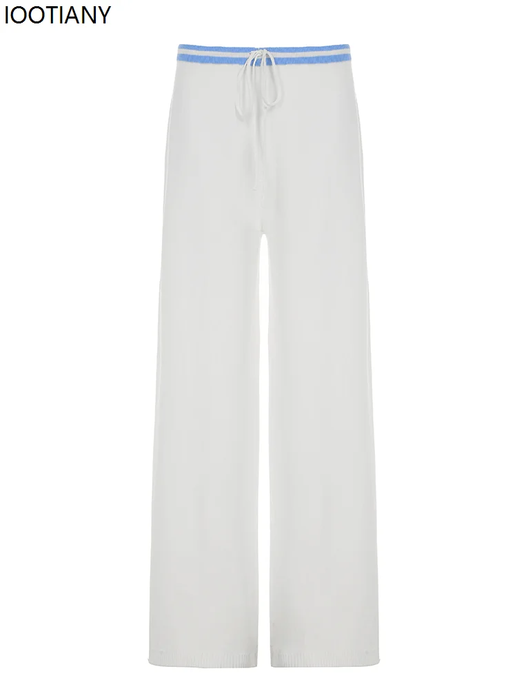 Holiday Transparent Knitted Casual Pants Striped White Lace-up Low Waist Loose Straight Pants Y2k Beautiful Women Summer Pants
