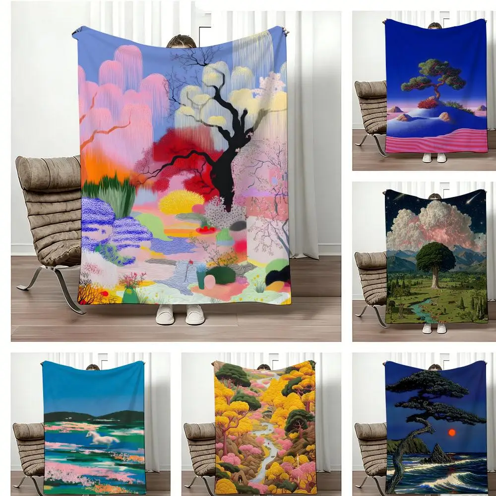 Garden Hand Drawn Illustration Throw Lightweight 240g Flannel Blanket Soft Skin-friendly for Summer Cooling