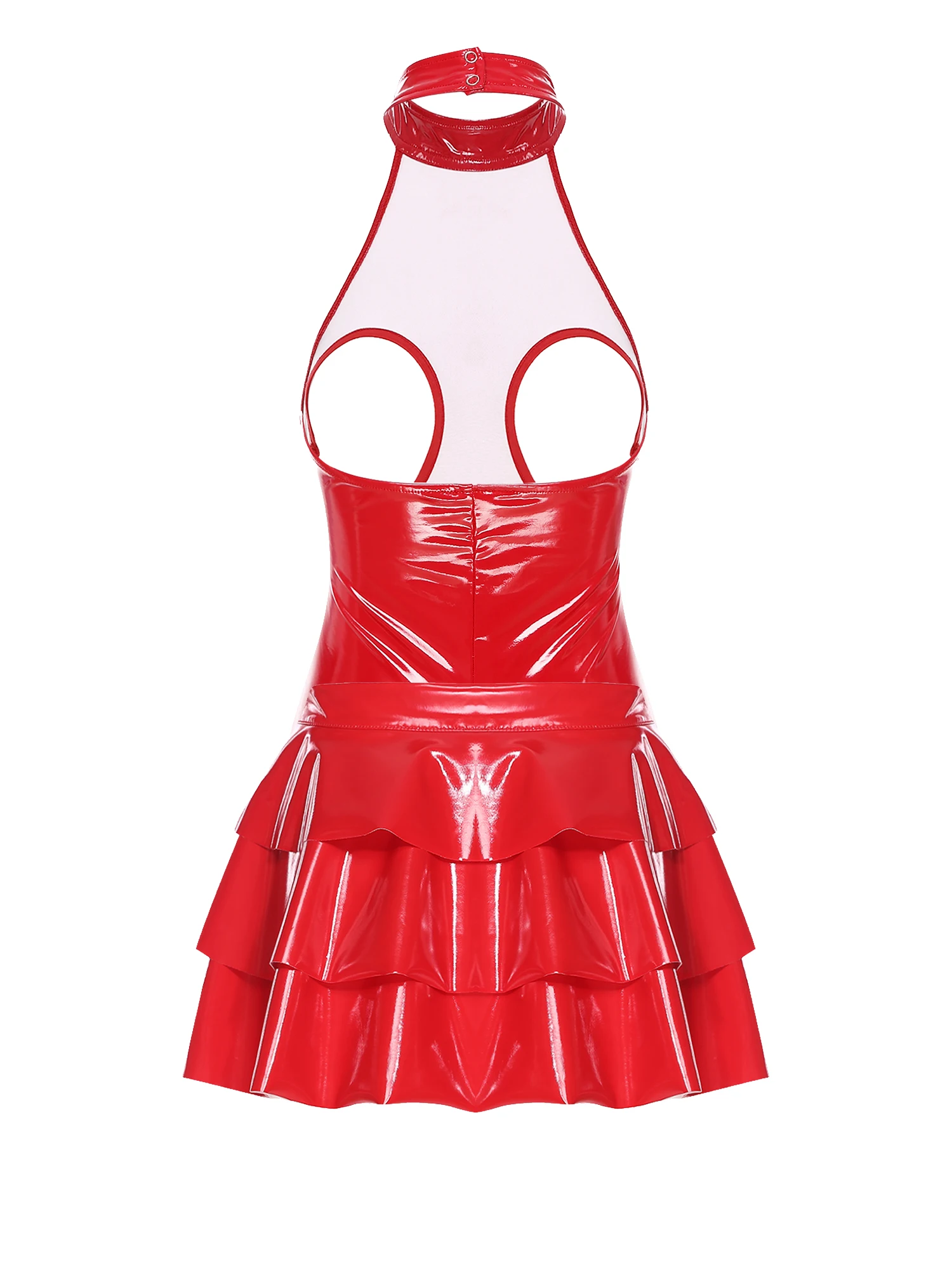 Women's Sexy Bodysuit Glossy PU Leather Clubwear Cutout Chest Backless Open Crotch And Tiered Ruffled Miniskirt for Pole Dance