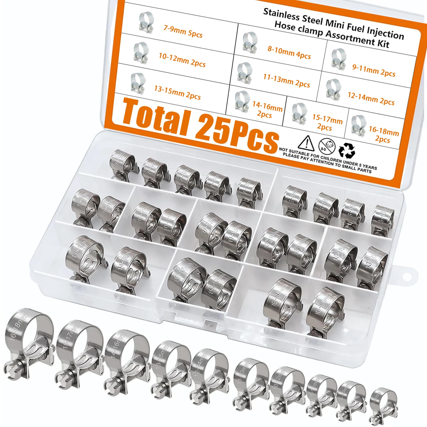 

25pcs 7-18mm Hose Clamp Fuel Line Clamp Water Pipe Clip Seal Welding Clip For Fuel Gas Pipe Cable Coolant Radiator Anticorrosive