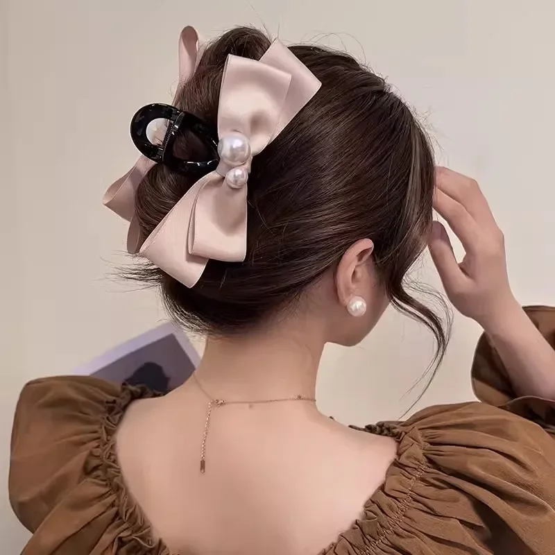 Exquisito lazo grande con perlas, Clip grande y elegante con cola de caballo de cangrejo, pinza trenzada, accesorios para el cabello para chica