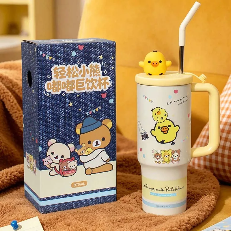 Rilakkuma thermosbeker, 970 ml, gemaakt van roestvrij staal, geïsoleerde waterbeker met rietje en handvat, geschikt voor in de auto, houdt dranken warm en koud.