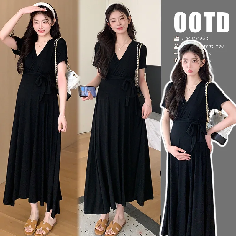 

Summer Maternity Dress Designer Black Dress Slim Fit Flattering Pregnancy Gown New Youthful Elegant Comfortable Outfit