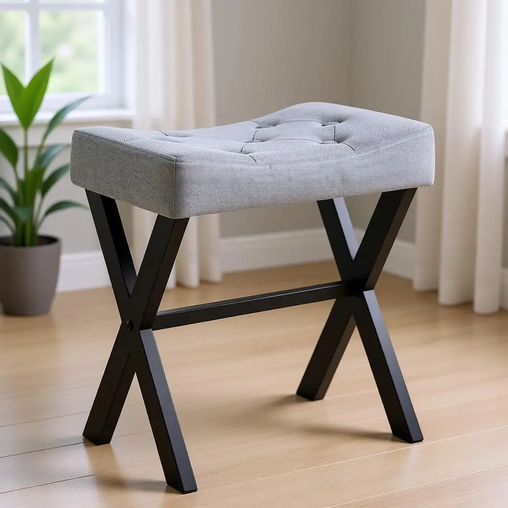 

U-Shaped Linen Vanity Stool, Square Makeup Chair with X-Leg, Multi-Use Ottoman, Side Table or Bedroom/Living Room, Blue Gray