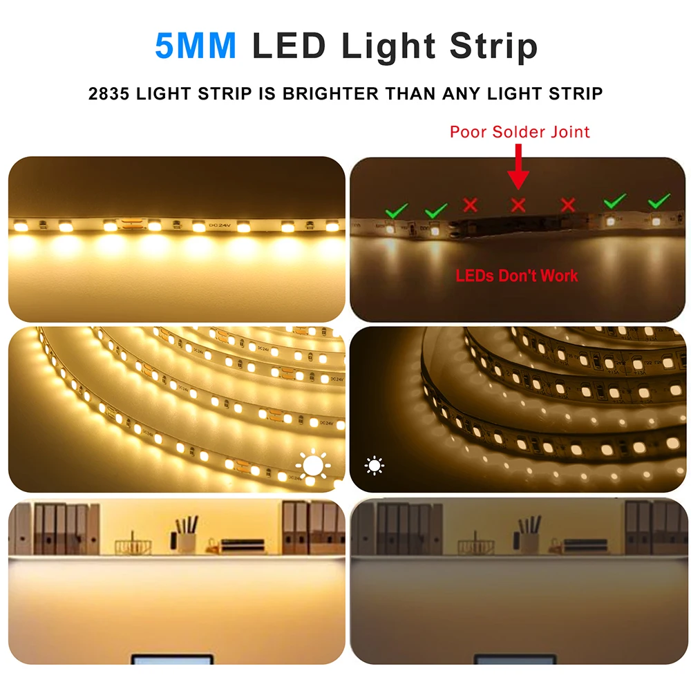 12V 24V 5m 10m LED Strip 5mm 8mm PCB Light 2835 120Leds/m White Red Pink Purple Ice Blue Flexible Tape Backlights for Decoration