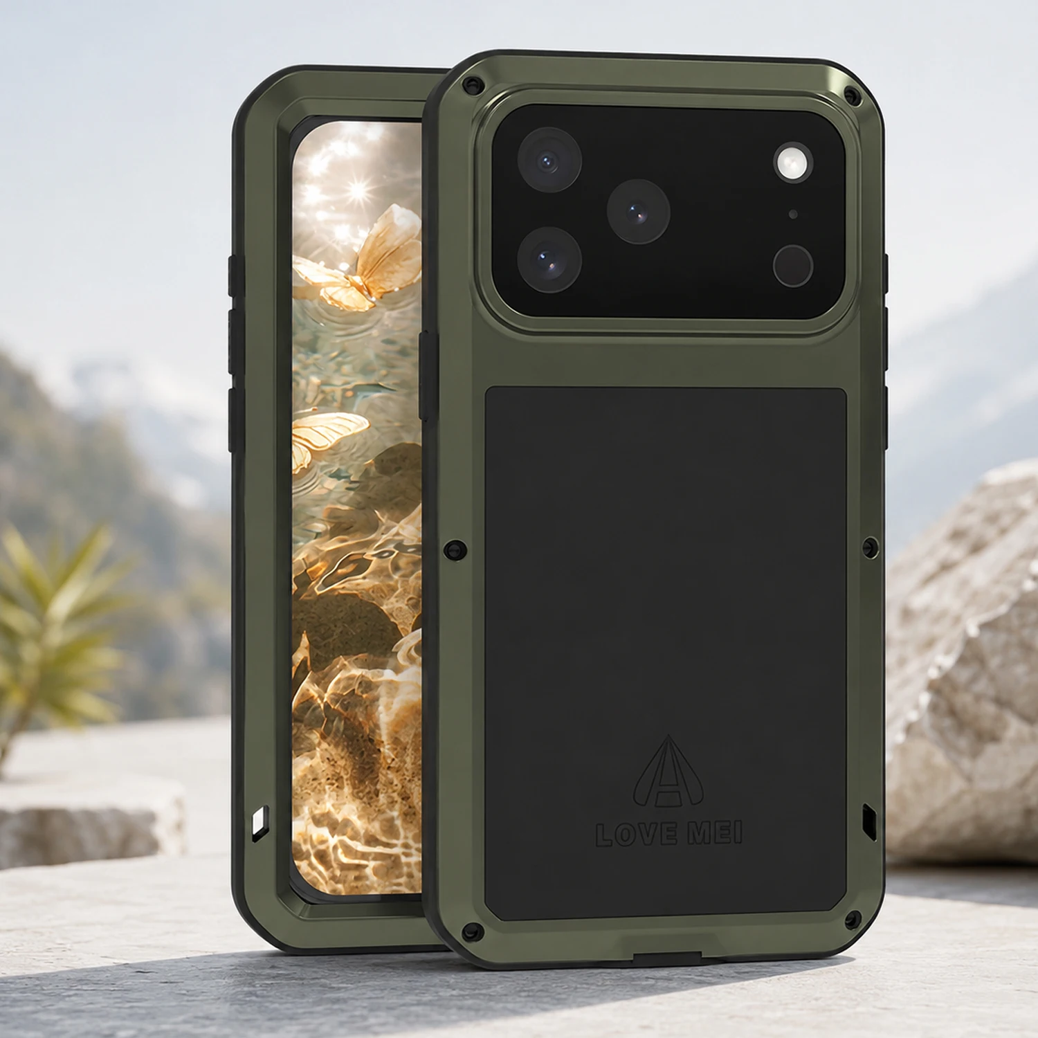 LOVE MEI Rugged Case for iPhone 17 Pro Max 6.9, Heavy Duty Metal Shockproof Full Body Protective Cover with Tempered Glass