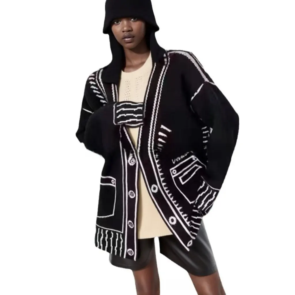 

Women's Autumn Winter Knitted Cardigan Sweater Single-Breasted Color Matched with Decorative Pockets European American Style