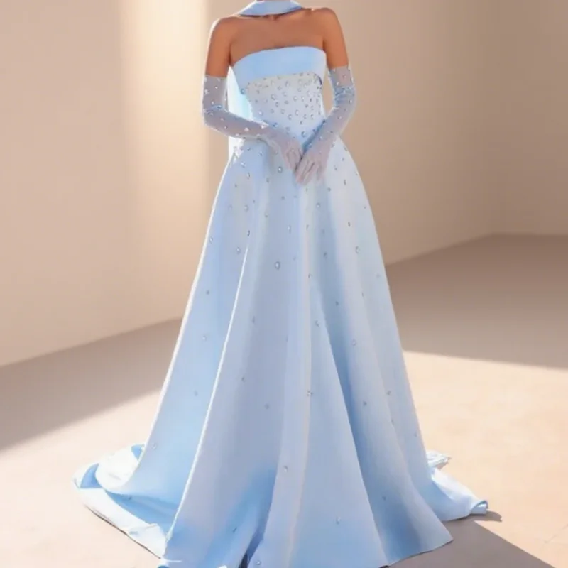 

Elegant Blue Satin Evening Dresses Strapless Crystal Formal Gown with Scaf Plus Size Princess Vestids Customized