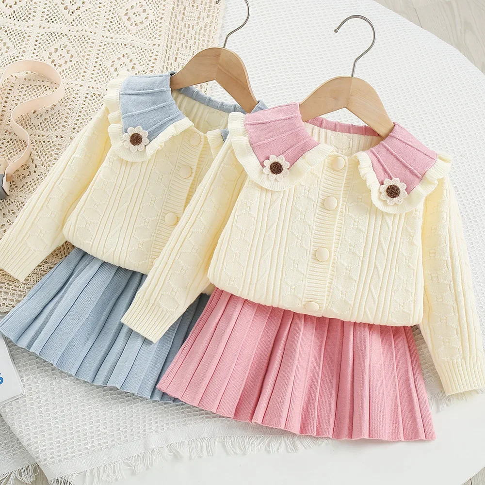 

Комплекты трикотажной одежды для девочек, весенне-осенние детские шерстяные трикотажные свитера, пальто, юбки, детское платье принцессы, костюм для детской одежды