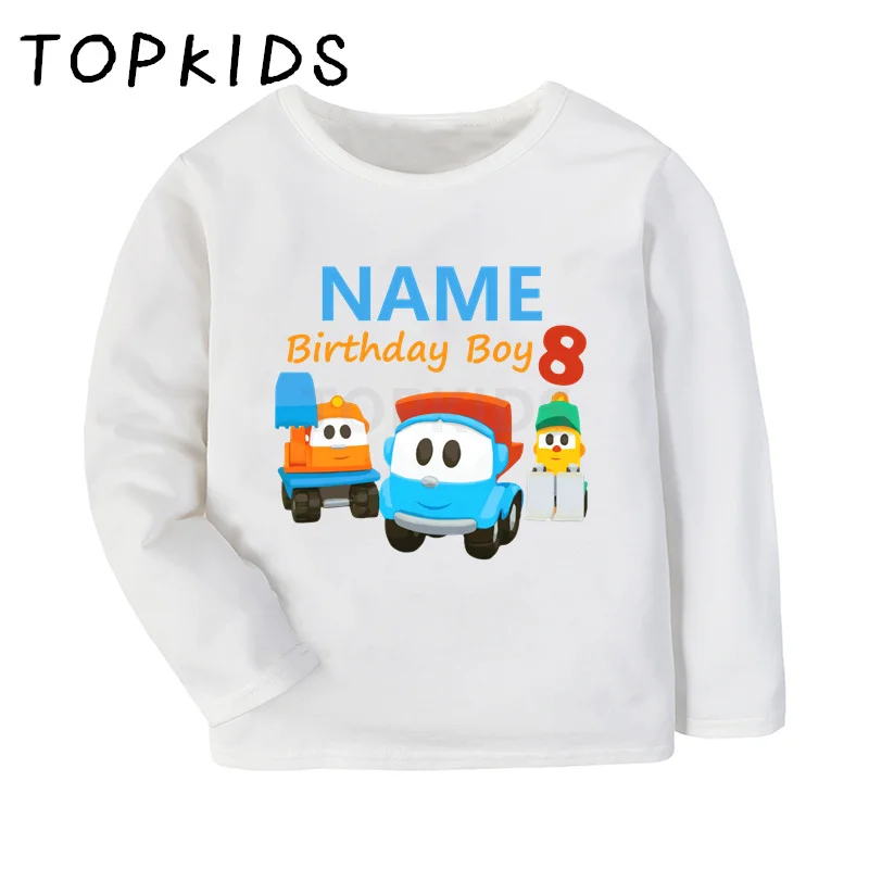 1 2 3 4 5 6 7 8 9 Years Birthday Boys T shirt Leo The Truck Cartoon Customize Name Kids T-shirts Baby Long Sleeve Clothes Gift