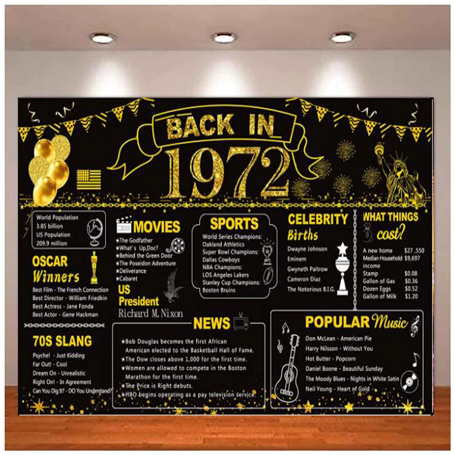 

50th Birthday Party Black Gold Party Decoration Poster Supplies Back In 1972 Photography Backdrop For Men And Women Background