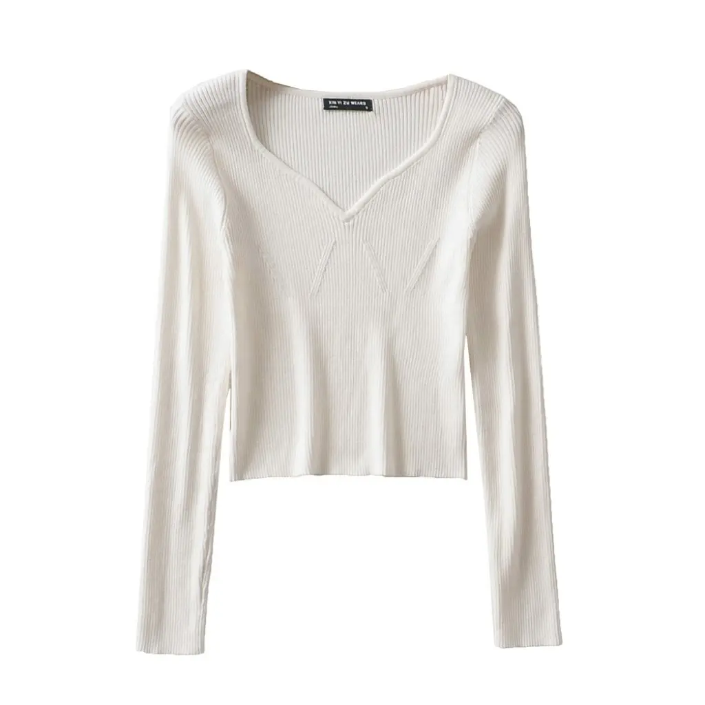 

TT1613 Women's Long Sleeve High Waist Sweater Slim Fit Peach Heart Collarbone Top Sexy European American Style for Autumn