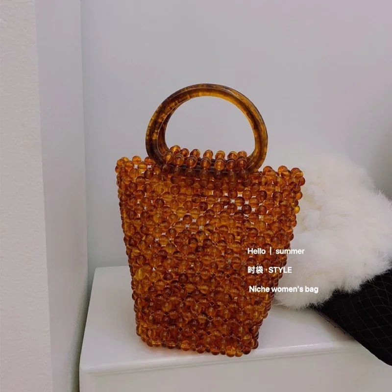 Customized New Vintage Texture Portable Ladies Bucket Bag Fashion Ins Handwoven Amber Hawksbill Beaded Crystal Women's Handbag