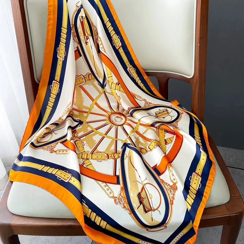 Luxury Design Skinny Silk Square Scarf Women Chain Print Foulard Neckerchief Lady Soft Satin Hairband Head Hijab Bag Ribbon Gift