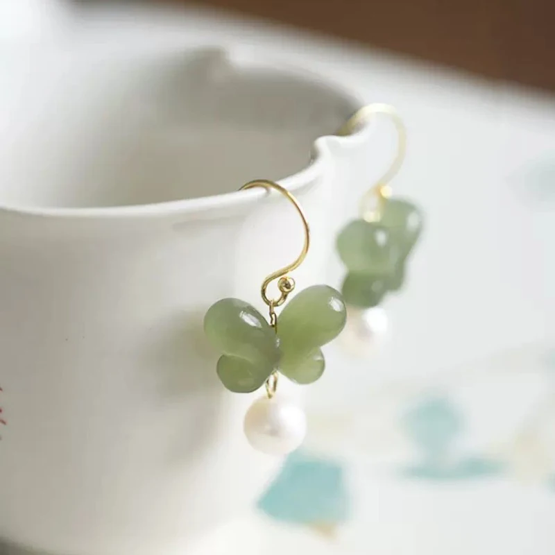 Gold Color Hotan Jade Butterfly Earring For Women Girl Fine Jewelry Lovely Jewelry Birthday Gift Dropshipping Wholesale