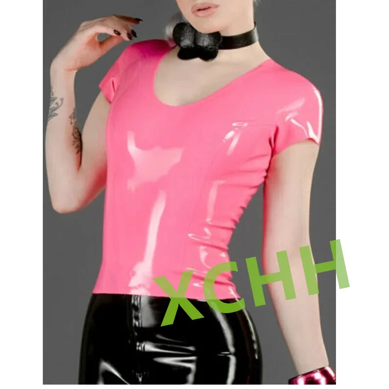 Handmade Women Latex Short Sleeve Top Rubber T-shirt  Women Cosplay Costume