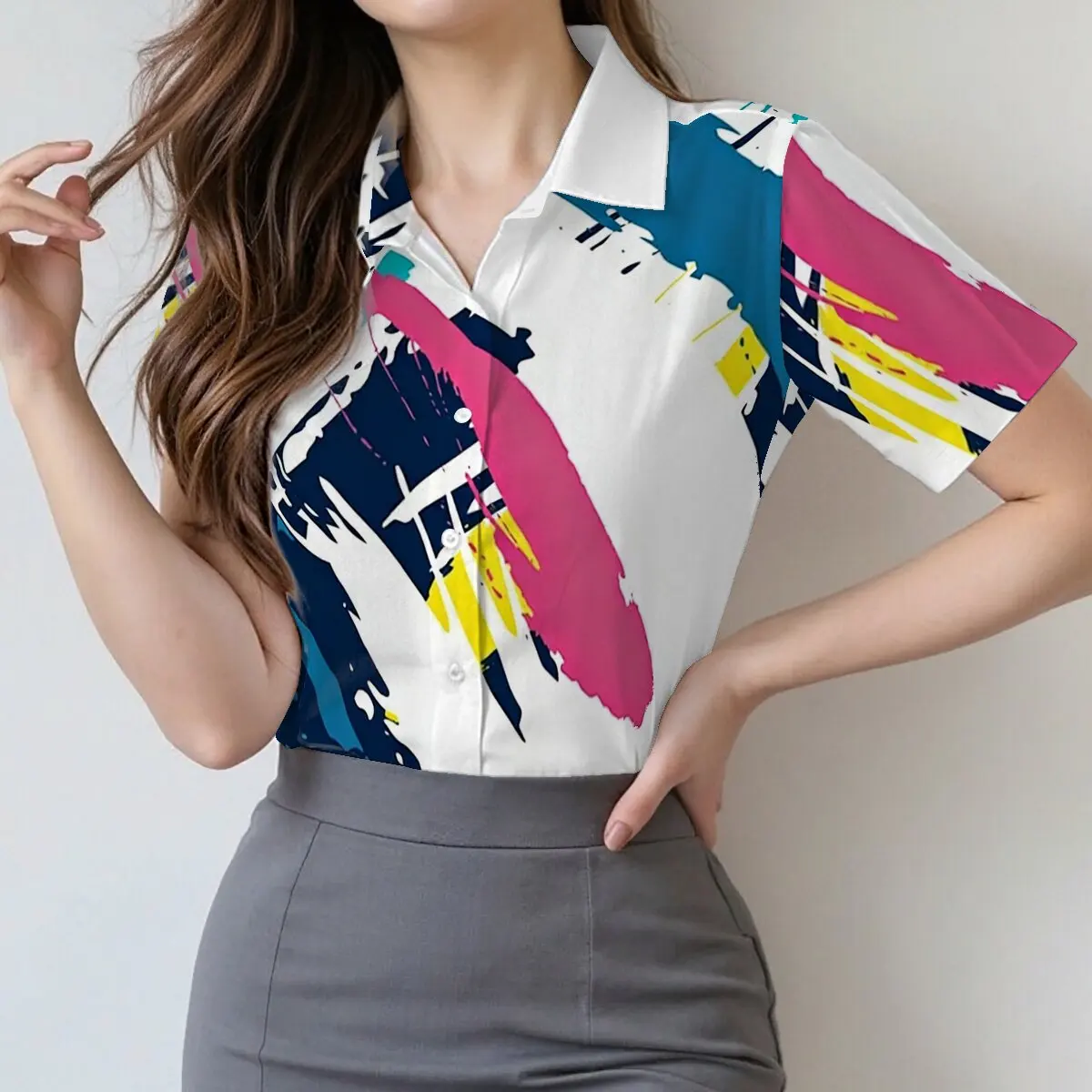 

Women's summer short-sleeve shirt with color-blocking graffiti art, personalized and avant-garde, suitable for workplace, casual