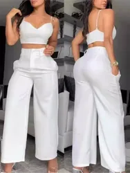 Women's Two Piece Set Fashion  Sexy White Spaghetti Strap Crop Top And High Waisted Casual Straight Leg Pants Suit Set For Women