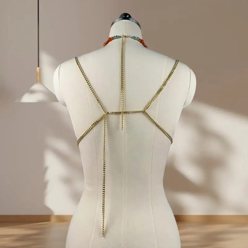 y3ne Halter Neck Crop Top with acrylic multiclor multicalor body body body chain chain stair form