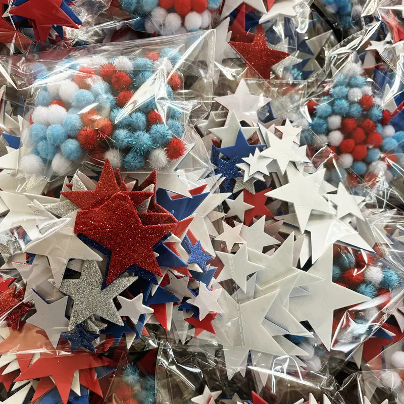 240PCS/Lot Crafts of  July 4th independence Day  Red blue white star foam stickers pompoms Holiday project Fourth of July  US