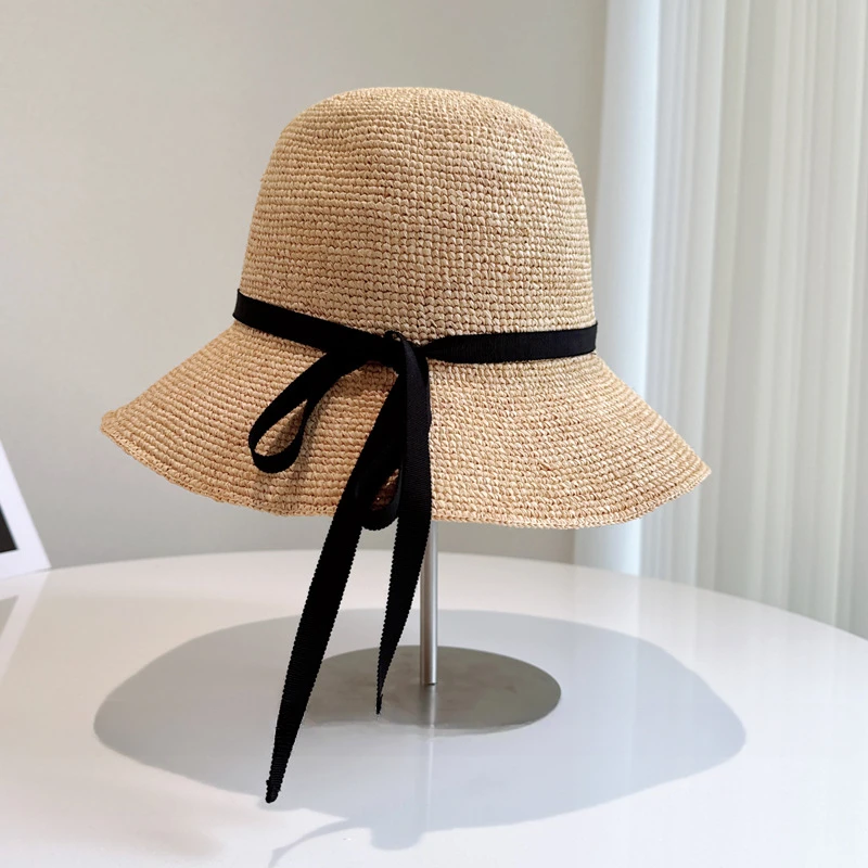 

Женская рыбацкая шляпа из рафии, связанная вручную, нежная и элегантная летняя пляжная шляпа с большим бантом и защитой от солнца