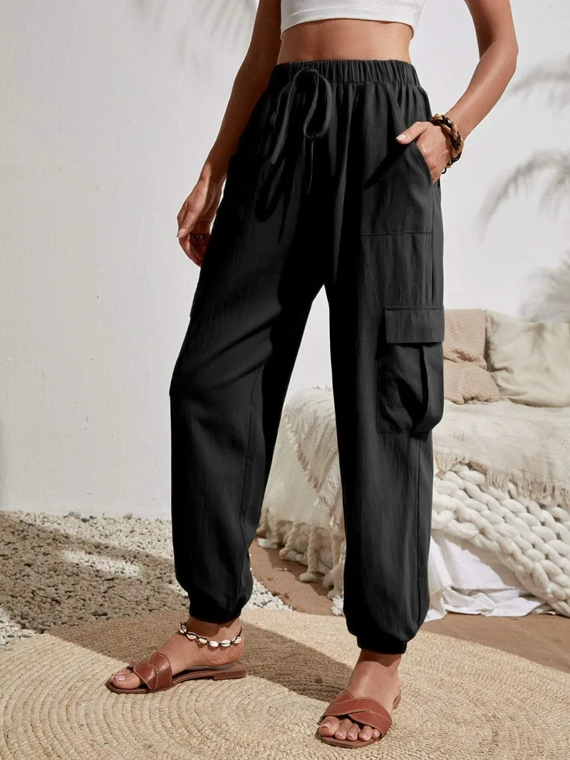 2025 Spring Summer New Women's Solid Cargo Pants Casual Wide Leg Pants with Pockets Versatile