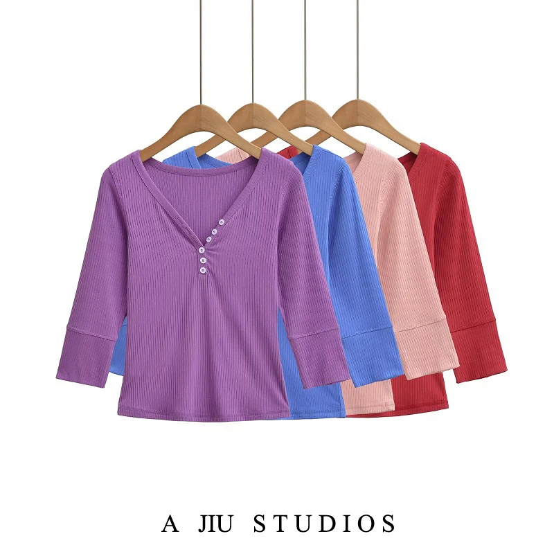 

Slim Fit V-Neck 3/4 Sleeve T-Shirt Women Summer Elastic Base Shirt Top Pure Desirable Hot Girl Style Button Ribbed Base Shirt