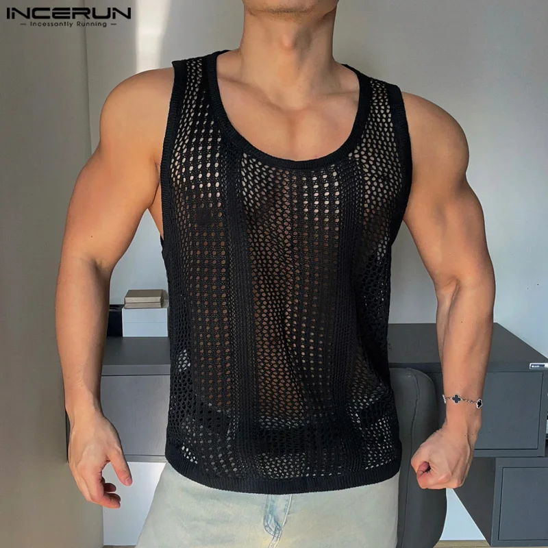 INCERUN 2024 Summer Tank Top Men T Shirt Fashion Hollow Sleeveless Tops Tee Sexy Camisa Chemise Clubwear Oversized Odzież Męska