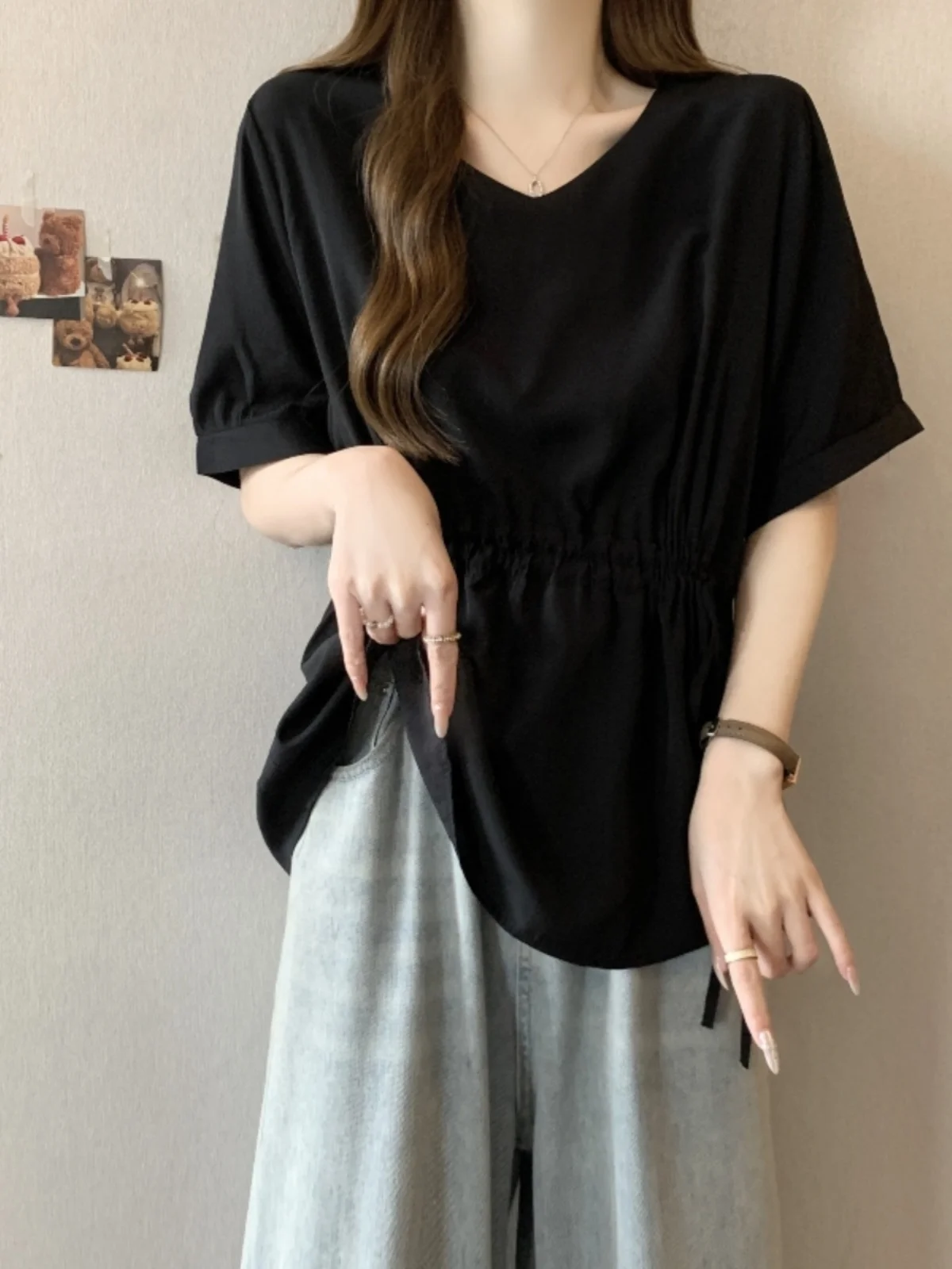 Women's Summer Short Sleeve V-Neck Chiffon Shirt Drawstring Waist Design Slimming Effect Belly Covering Top Korean Style