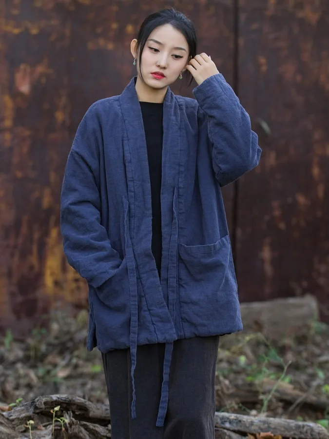 

Thiened Cotton Jaet New Chinese Sle Women's Winter Training Clothes Cotton Linen Retro Zen Sle Mid-Length Cotton Coat