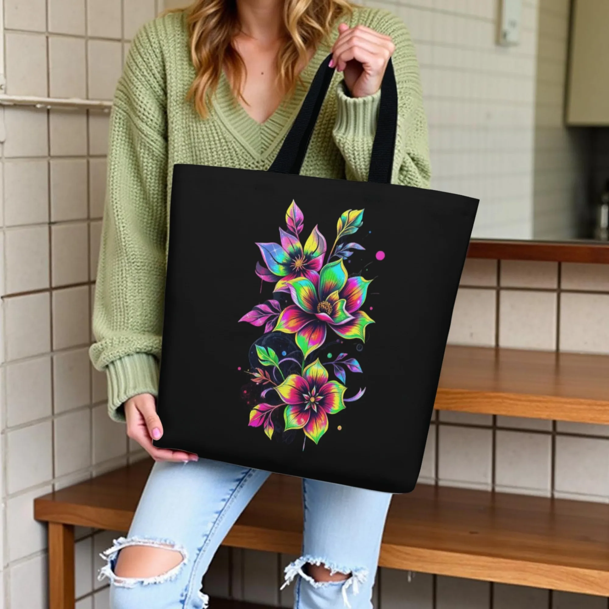 

Cyberpunk-inspired Gradient Floral Canvas Tote Bag Neon-colored Artistic Style Perfect for Study Work Shopping Shoulder Handbag