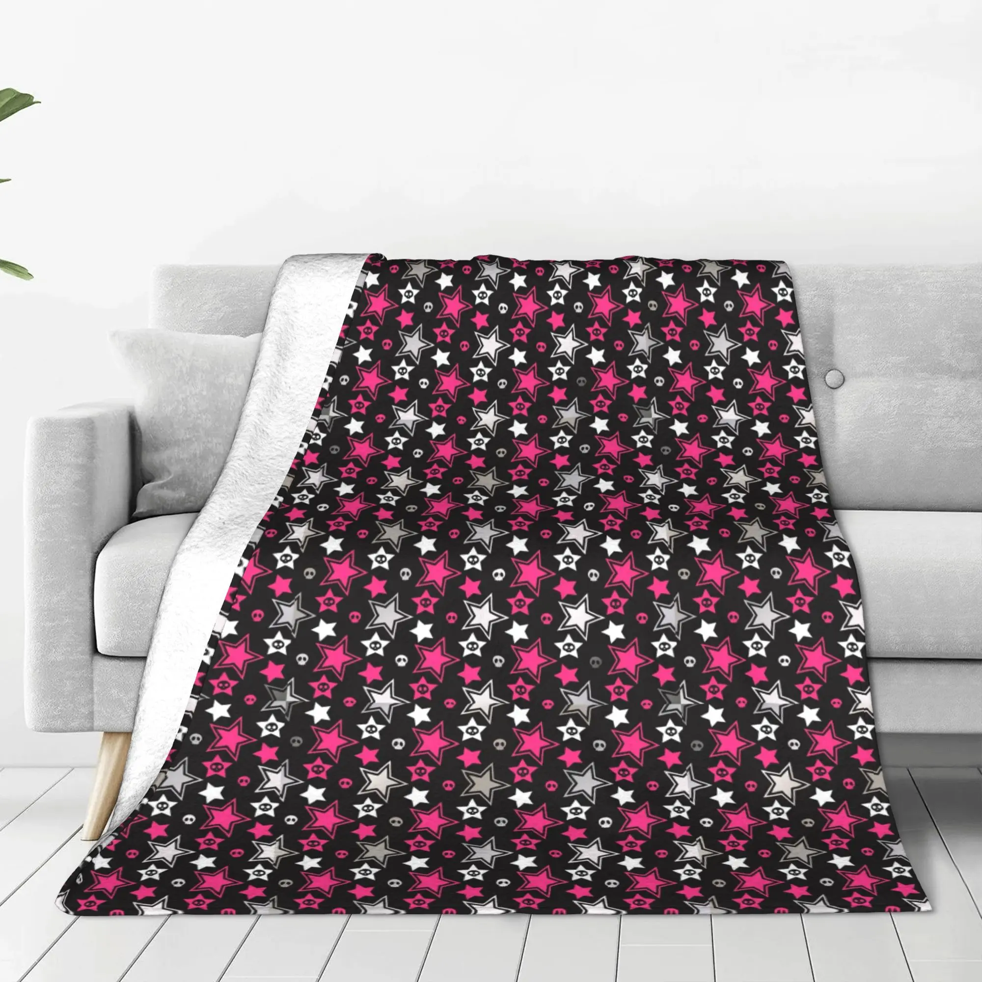 black and pink emoscene stars Blanket Multi-function Flannel Sofa Throw Blanket for Home Bedroom Travel Throws Bedspread Quilt