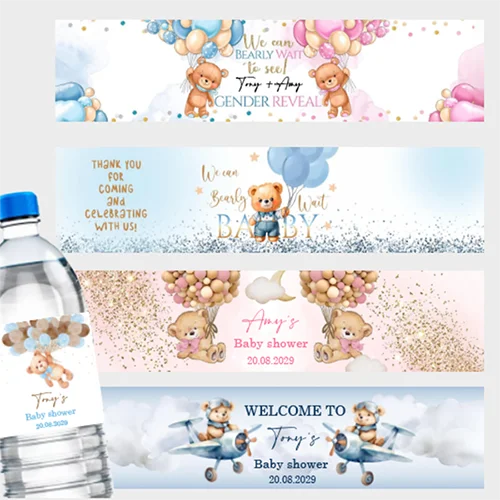 

Custom Cute Bear Bottle Label Baby Shower Baptism Personalized Birthday Party Sticker Decoration Team Boy Girl Gender Reveal