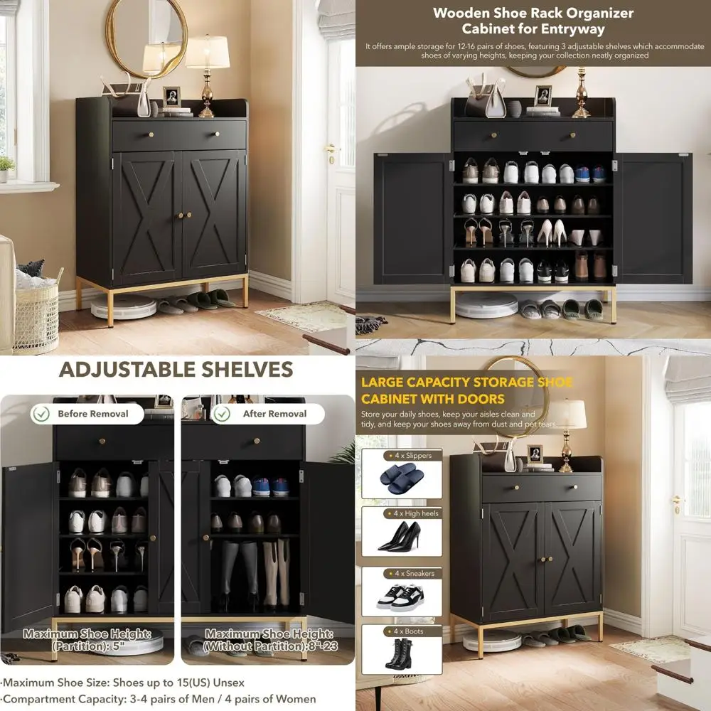 

4-Tier Modern Shoe Storage Cabinet with Large Drawer, Wooden Entryway Organizer for Stylish Shoe Storage and Entryway Efficiency