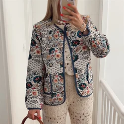 PB&ZA2024 Autumn New Product Casual Women's Fashion Versatile Printed Round Neck Long Sleeve Cotton Jacket Top