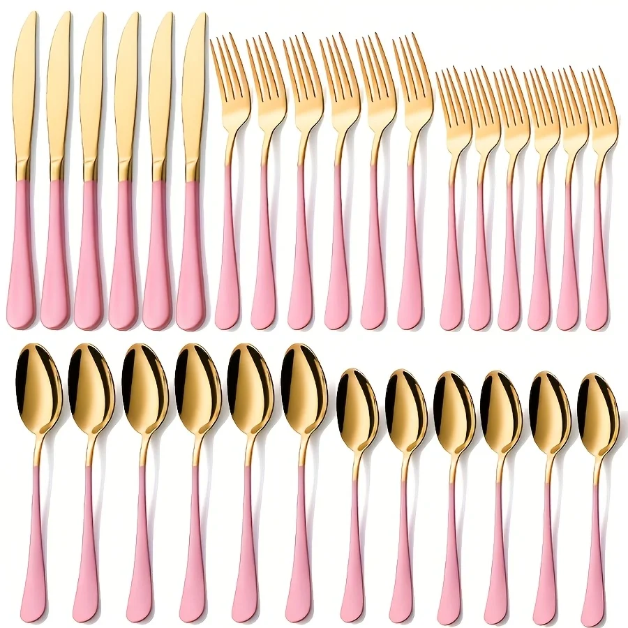 

Набор столовых приборов из 30 предметов, золотисто-розовый, из нержавеющей стали, можно мыть в посудомоечной машине - зеркальная полировка, изысканный подарок, подходит для Рождества и других праздников.