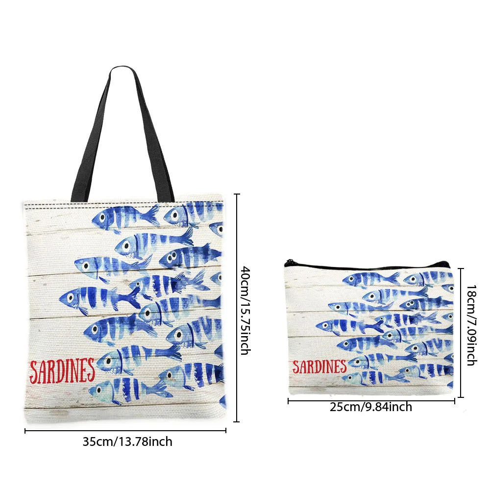 Vintage Sardine Fish Tote Bag Makeup Pouch Practical Combination Shopping Storage Bag Blue White Stripes Handbag Travel Camping