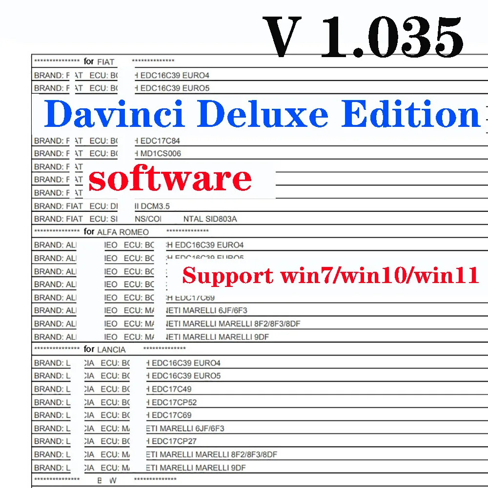 

Davinci Deluxe Edition 1.035 Full Function Software for Automotive Diagnostics Repair Workshop Support win7/win10/win11