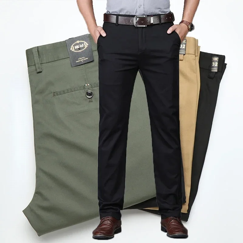 High Quality Soft Thin Cotton Casual Pants Mens Clothing Straight Office Business Green Black Khaki Trousers Male Brand