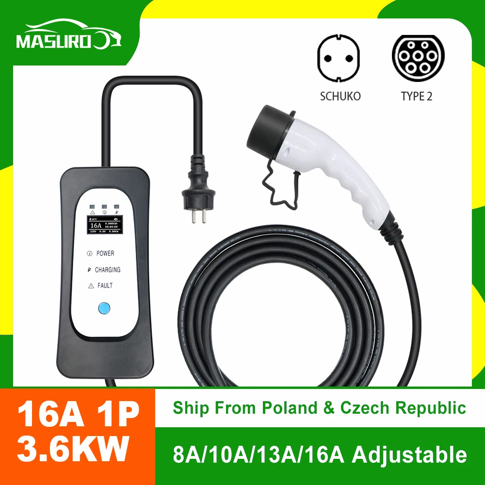 

Home EV Charger Type 2 16A 1 Phase IEC 62196-2 Portable Electric Car Charging Adjustable Schuko Plug 5M Cable