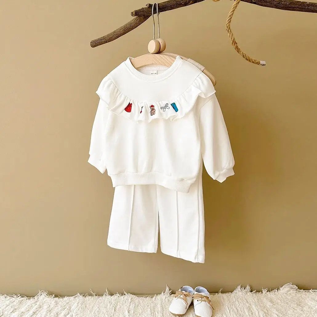 2PCS Baby Girl Clothes Cartoon Embroidery Ruffled Edges Top+Pant Suit Cotton Outfit Set Children 2024 Baby Spring Clothes 0-4Y