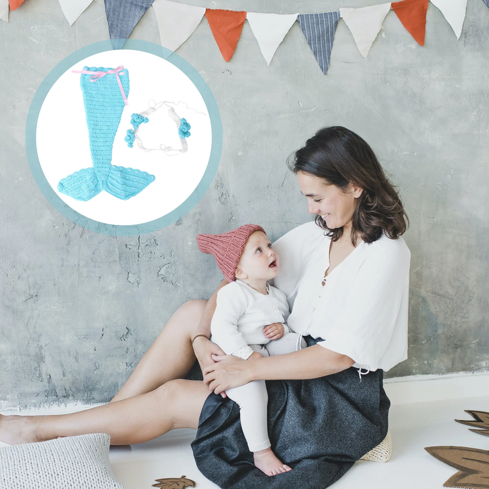 

1 set Mermaid Costume Set Sky Blue Knitted Crochet Baby Swimming Suit Cute Party Wear Photography Prop Infant Cosplay Suits