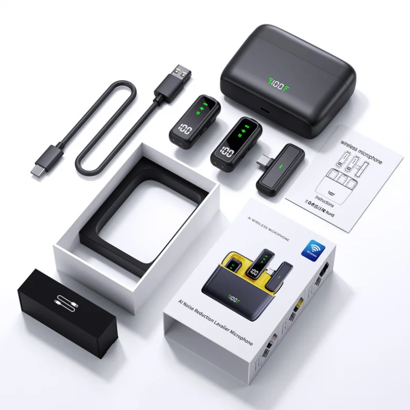 Clip‑On Wireless Lavalier Lapel Microphone Kit, LED Battery Indicator Charging Case, 36‑Hour Long Working Time, DSP Noise Reduction, 135‑Ft Transmission Range, Plug‑And‑Play Mic Compatible With IPhone, IPad, Android For Vlogging And Live Streaming