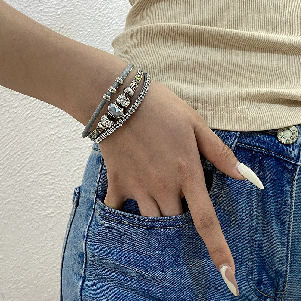 ALLYES Vintage Crystal Ceramic Beads Bangle Bracelet Jewelry Gifts Shiny Multilayer Wrap Leather Bracelets for Women Men