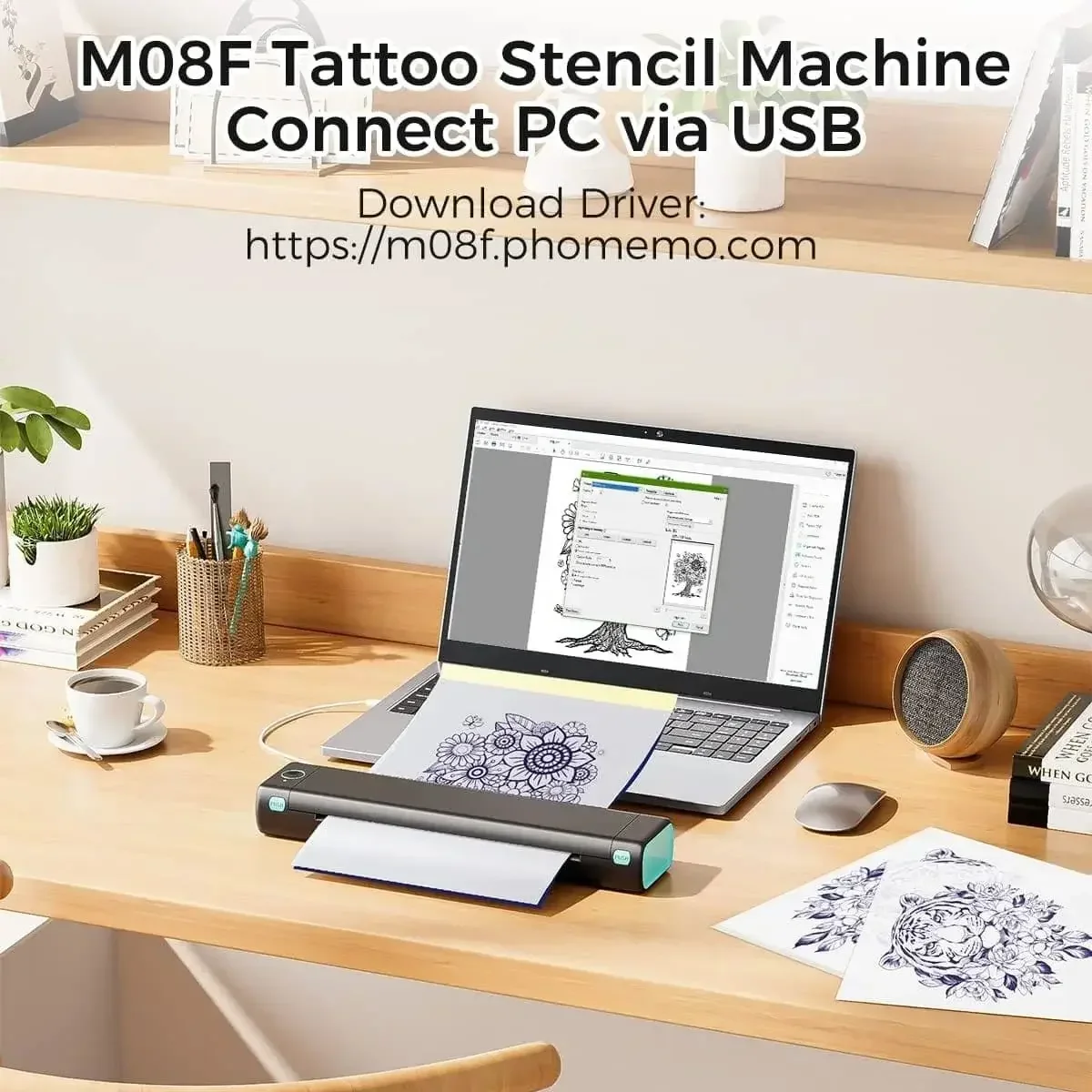 Phomemo M08F Wireless Tattoo Stencil Printer  Inkless Printing Thermal Tattoo Printer 203dpi for Deep Color Imaging 1.5